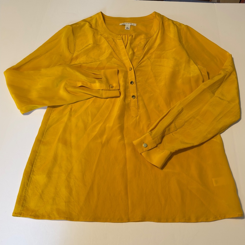 Banana Republic 100% Silk Blouse Mustard Yellow Henley Long Sleeve Top M